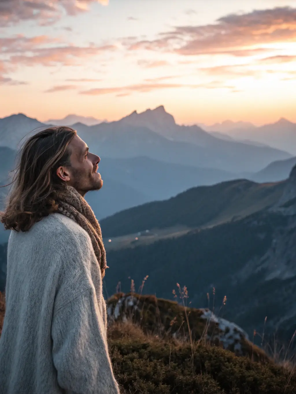 A person confidently standing on a mountaintop at sunrise, symbolizing overcoming challenges and achieving goals.