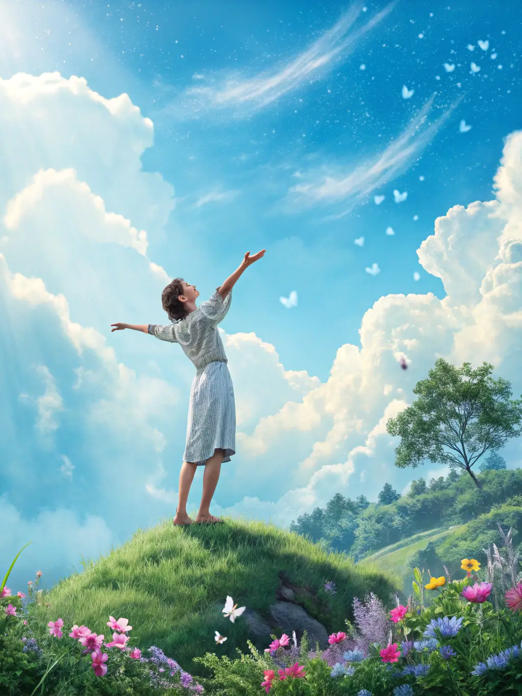 A person standing outside, looking up at the sky with a grateful expression, surrounded by nature, representing gratitude and appreciation for life's blessings.