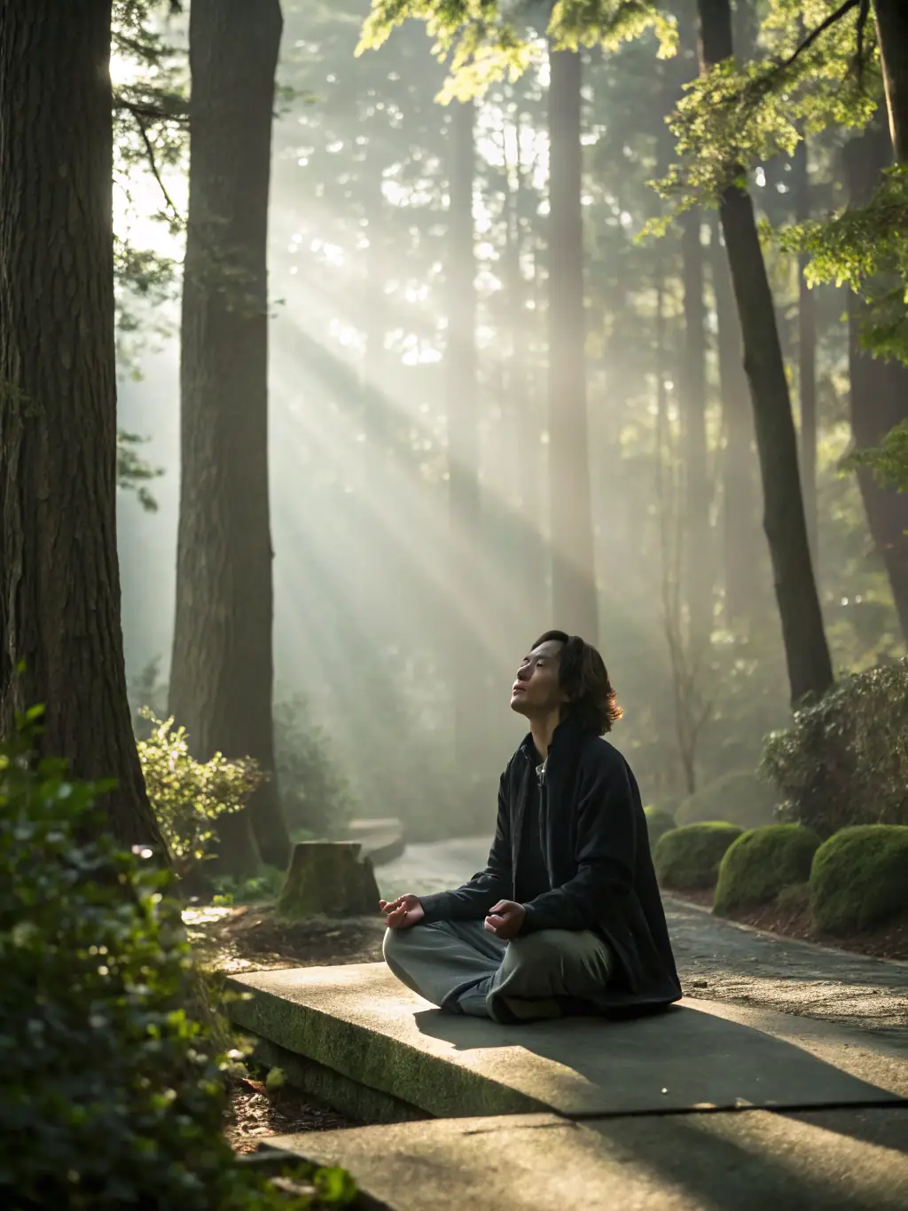 A person meditating in a serene natural setting, bathed in soft, golden light, representing mindfulness and inner peace.