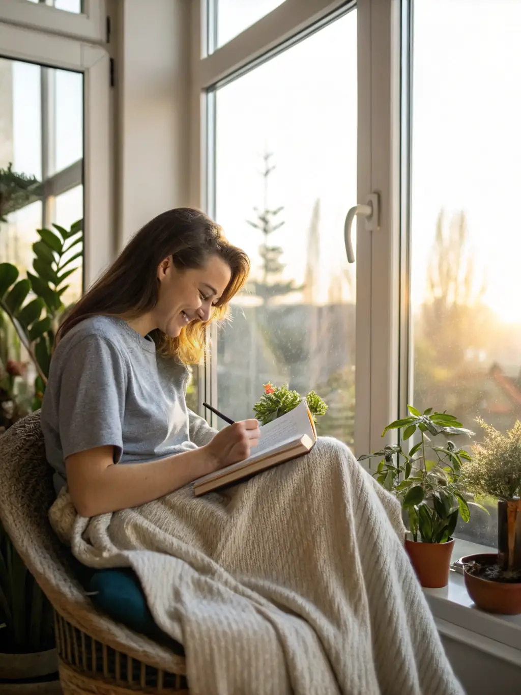 A person sitting peacefully in a quiet room, journaling with a serene expression, sunlight streaming through the window, creating a calm and reflective atmosphere, symbolizing self-reflection.