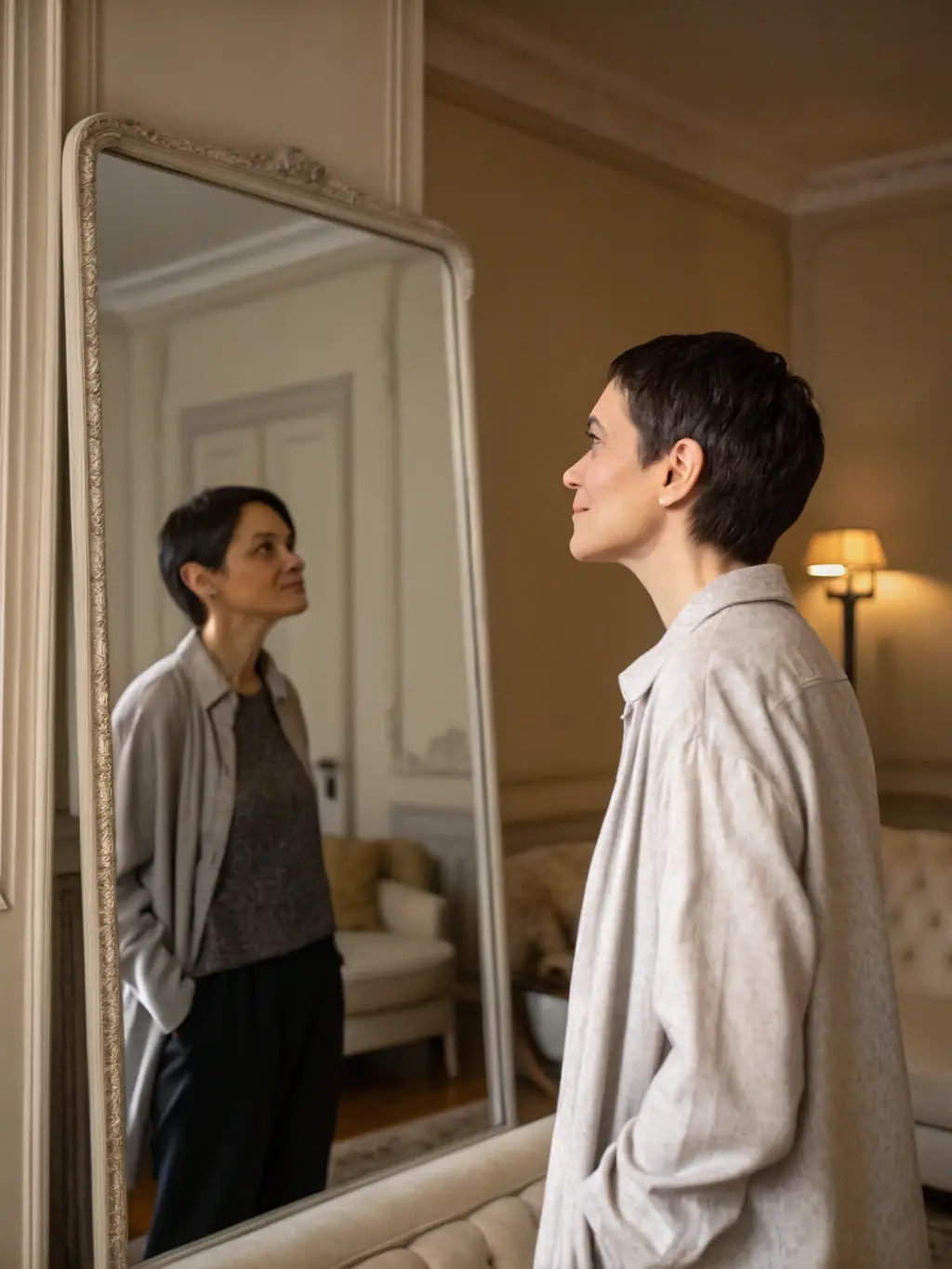 A person standing in front of a mirror, smiling confidently while repeating positive affirmations, symbolizing self-empowerment and belief in oneself.
