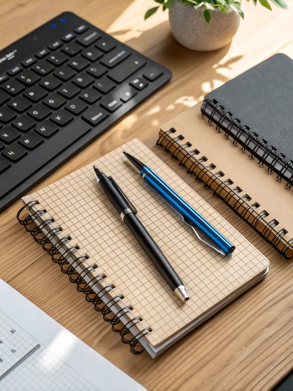 A stack of well-organized journals and pens on a clean desk, symbolizing structured self-reflection and personal growth.